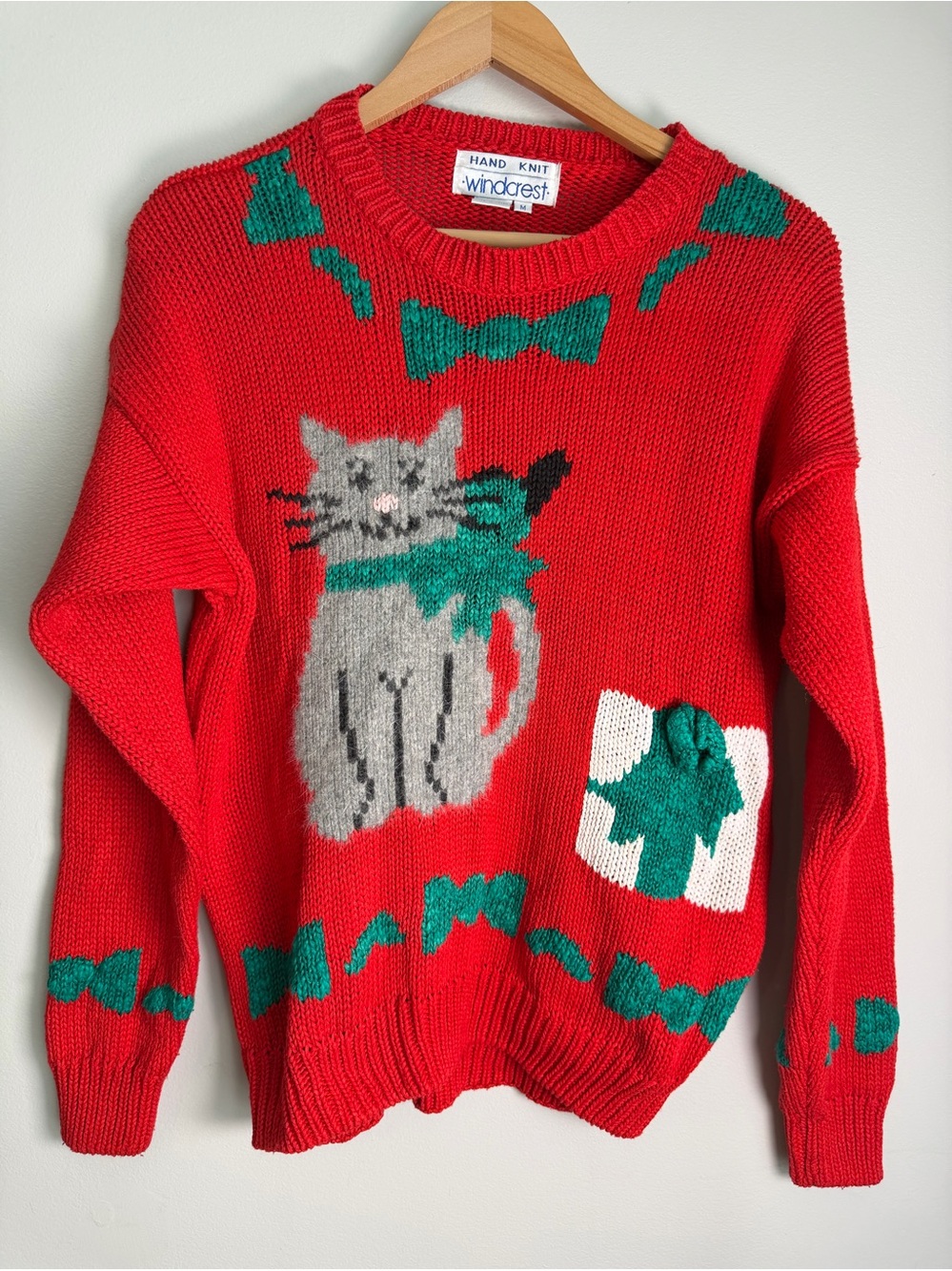 Vintage Windcrest Hand Knit Red and Green Cat Holiday Sweater, Medium